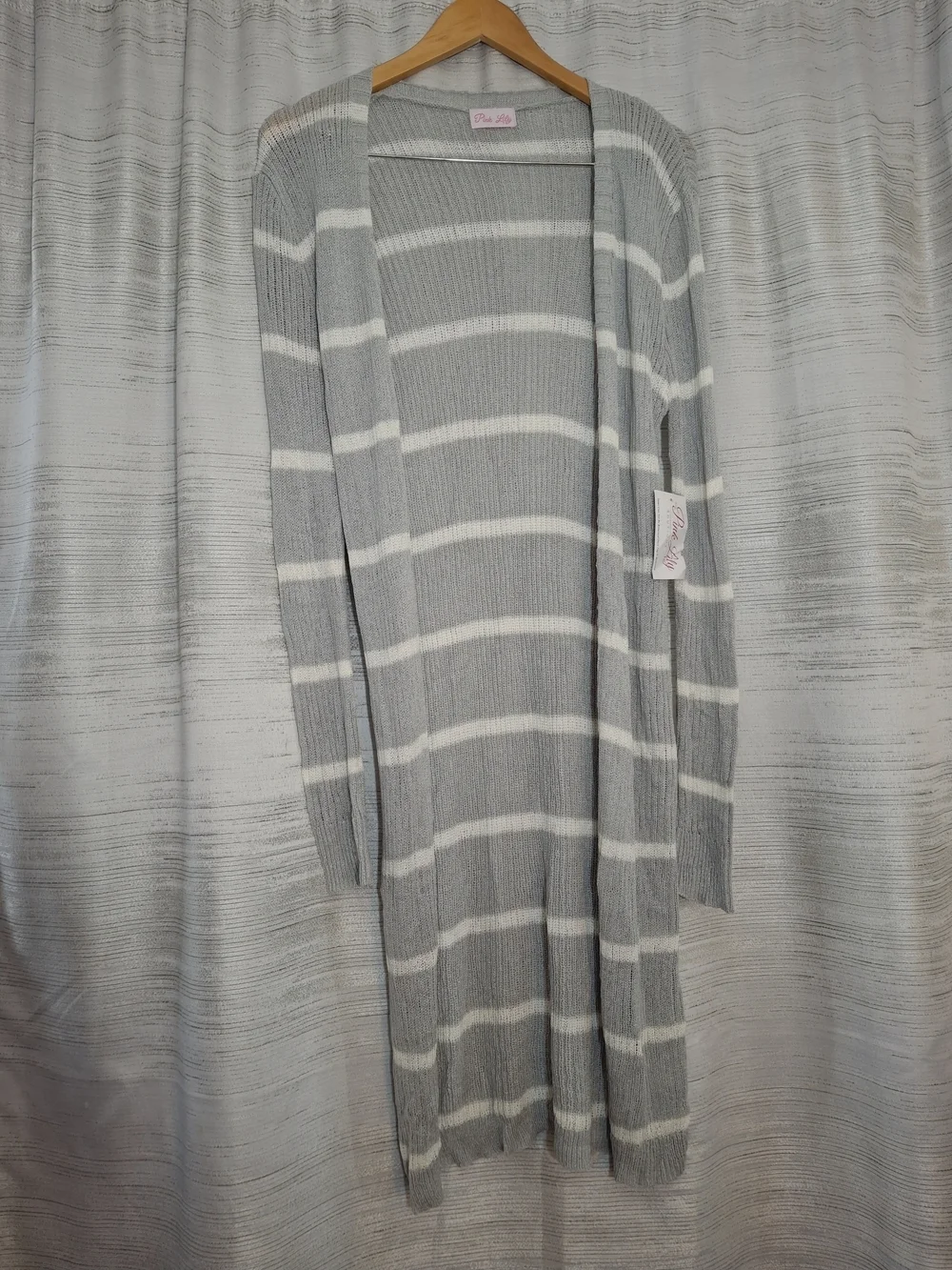Pink Lily Gray & White Striped Open Cardigan Sweater Duster NWT
